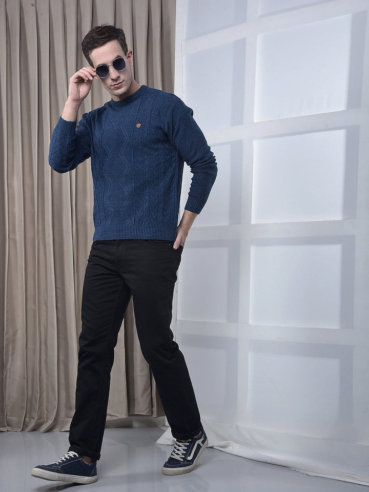 COBB INDIGO SELF-DESIGN ROUND NECK SWEATER