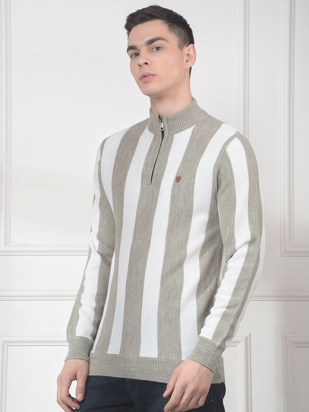 cobb beige color-block half-zipper sweater