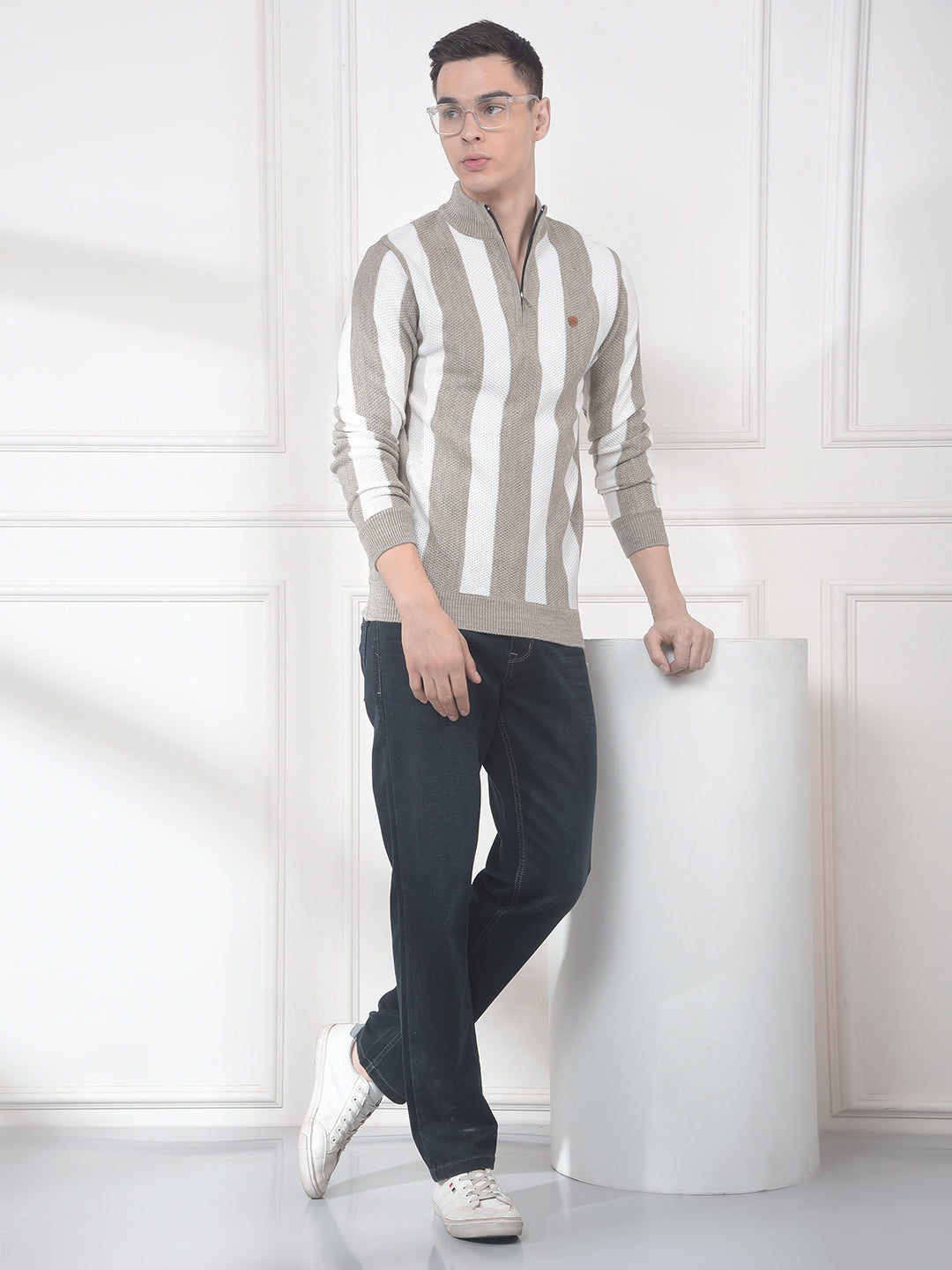 COBB BEIGE COLOR-BLOCK HALF-ZIPPER SWEATER