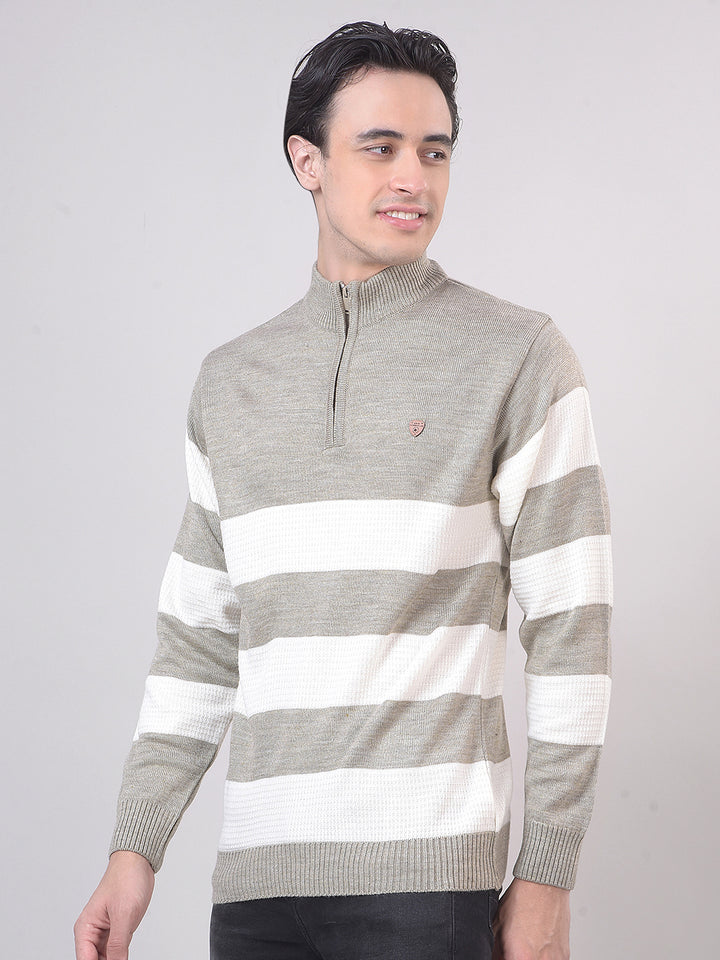 Beige Color-Block Half-Zipper Sweater