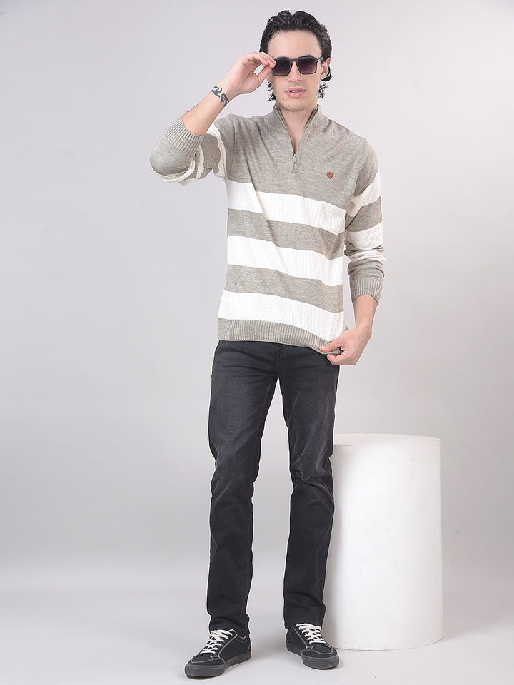 Beige Color-Block Half-Zipper Sweater