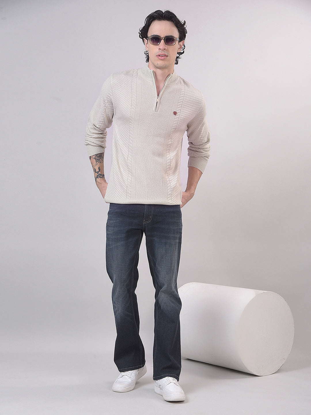 Beige Self-Design Half-Zipper Sweater