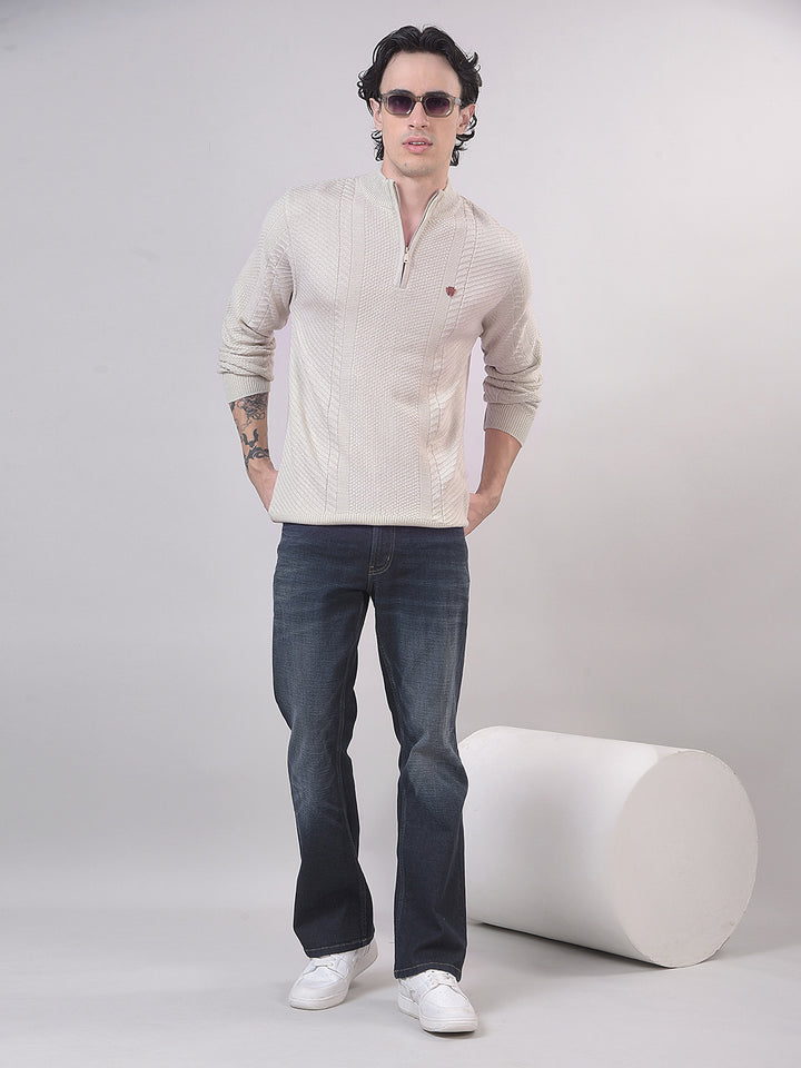 Beige Self-Design Half-Zipper Sweater