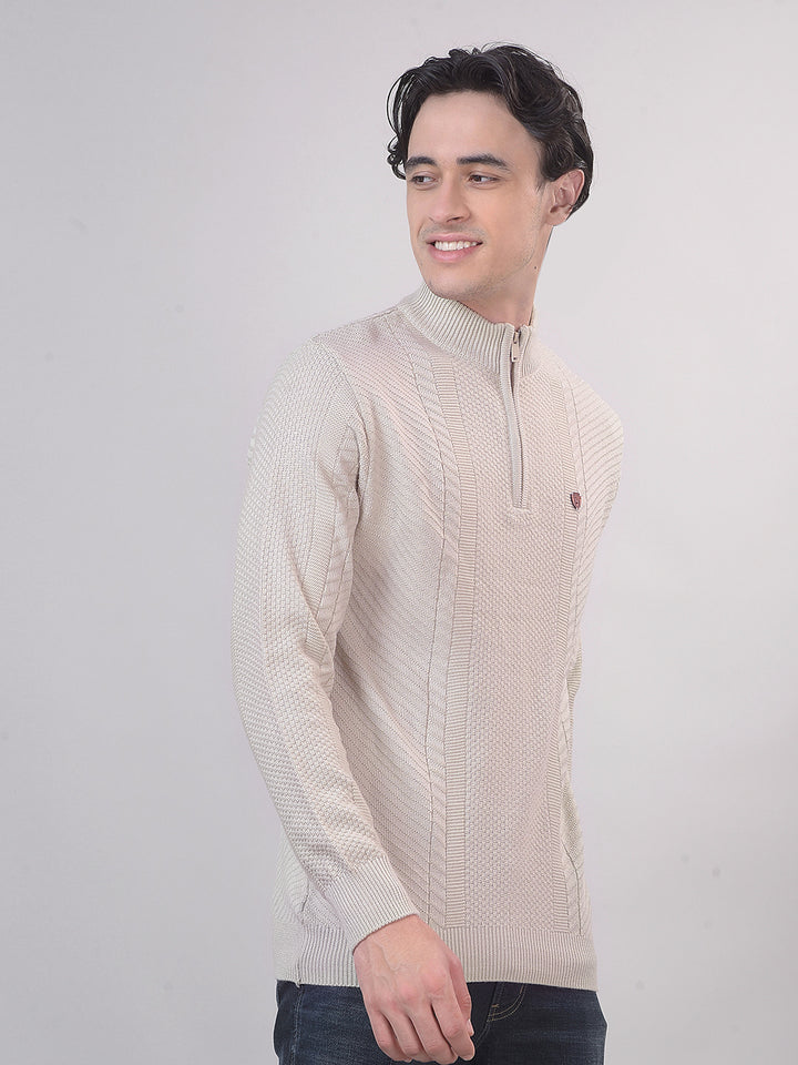 Beige Self-Design Half-Zipper Sweater