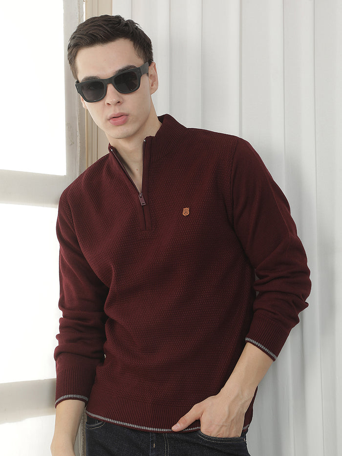 mehroon self-design zipper sweater