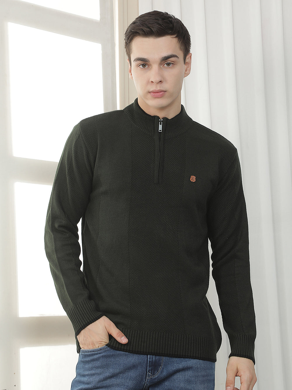 bottle green self-design zipper sweater