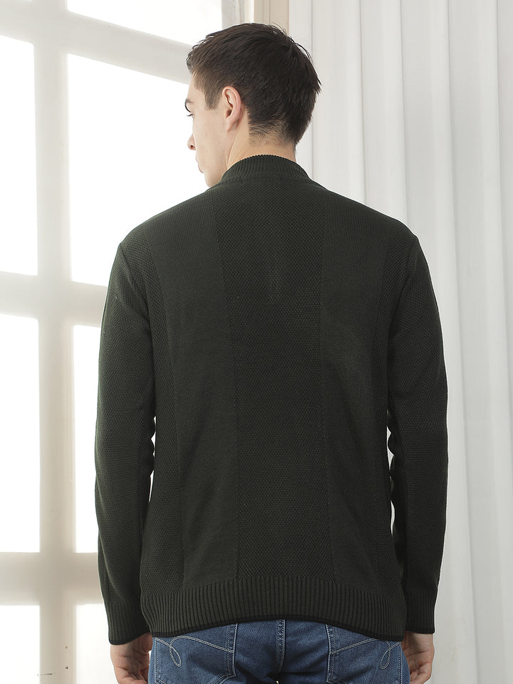 bottle green self-design zipper sweater