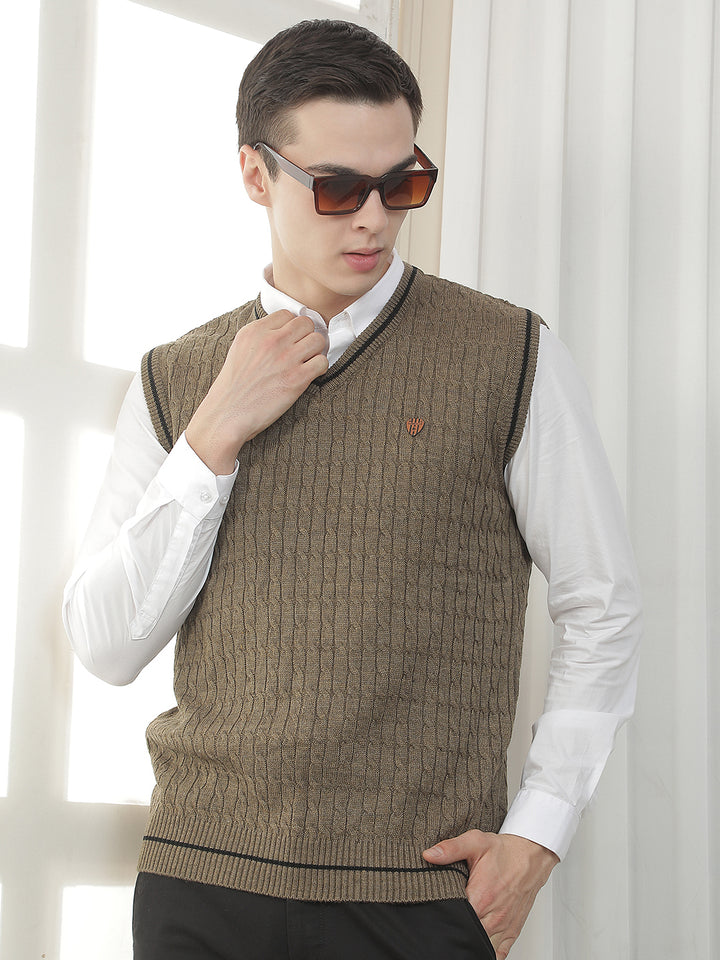 brown sleeveless v-neck sweater