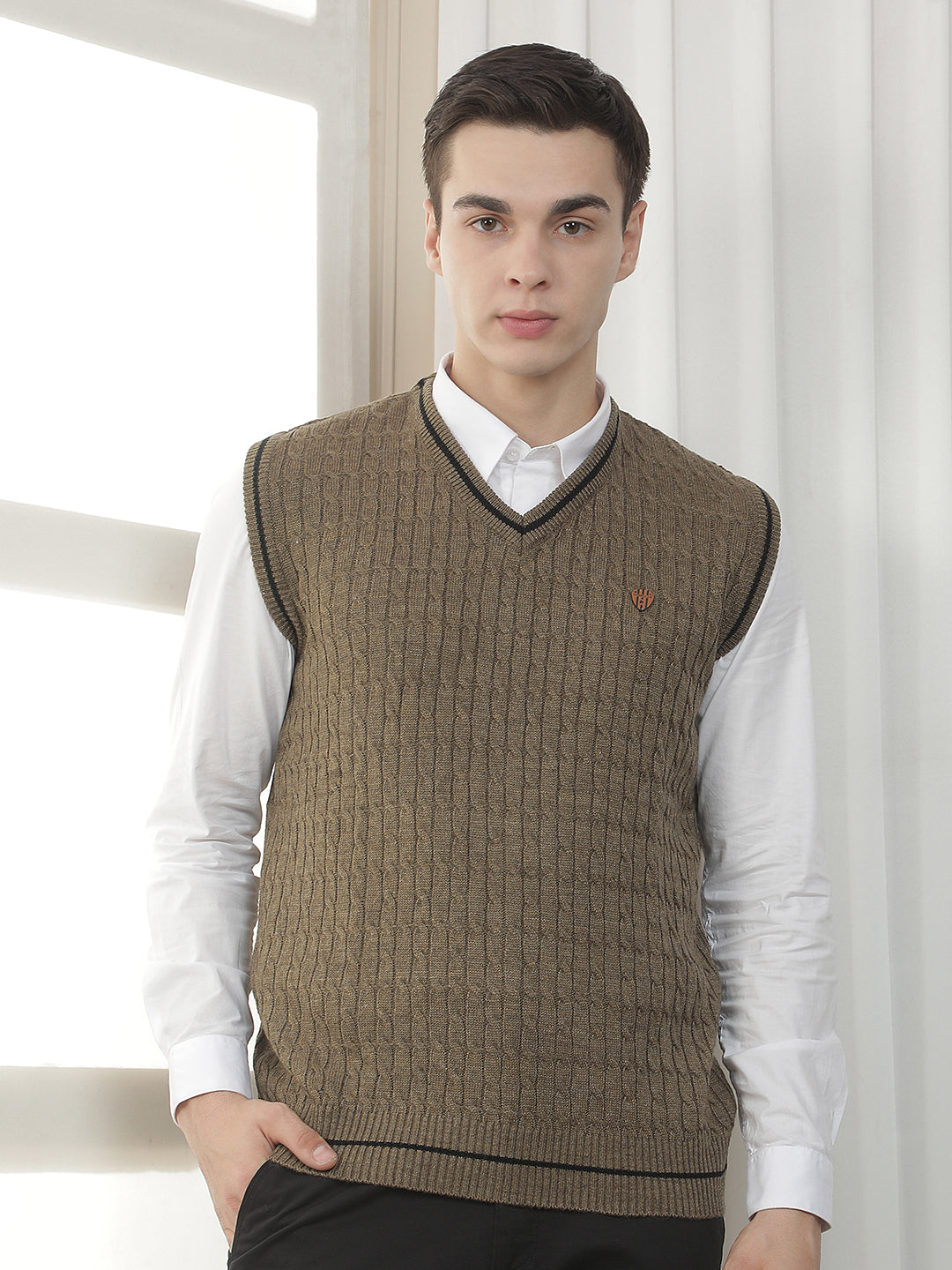 brown sleeveless v-neck sweater