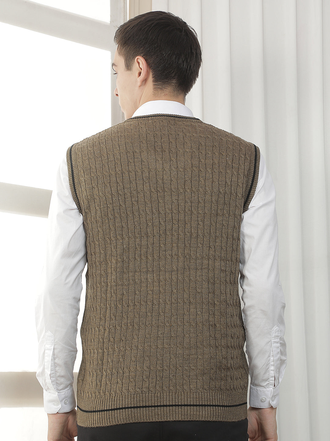 brown sleeveless v-neck sweater