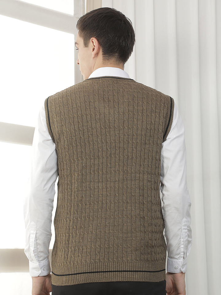brown sleeveless v-neck sweater