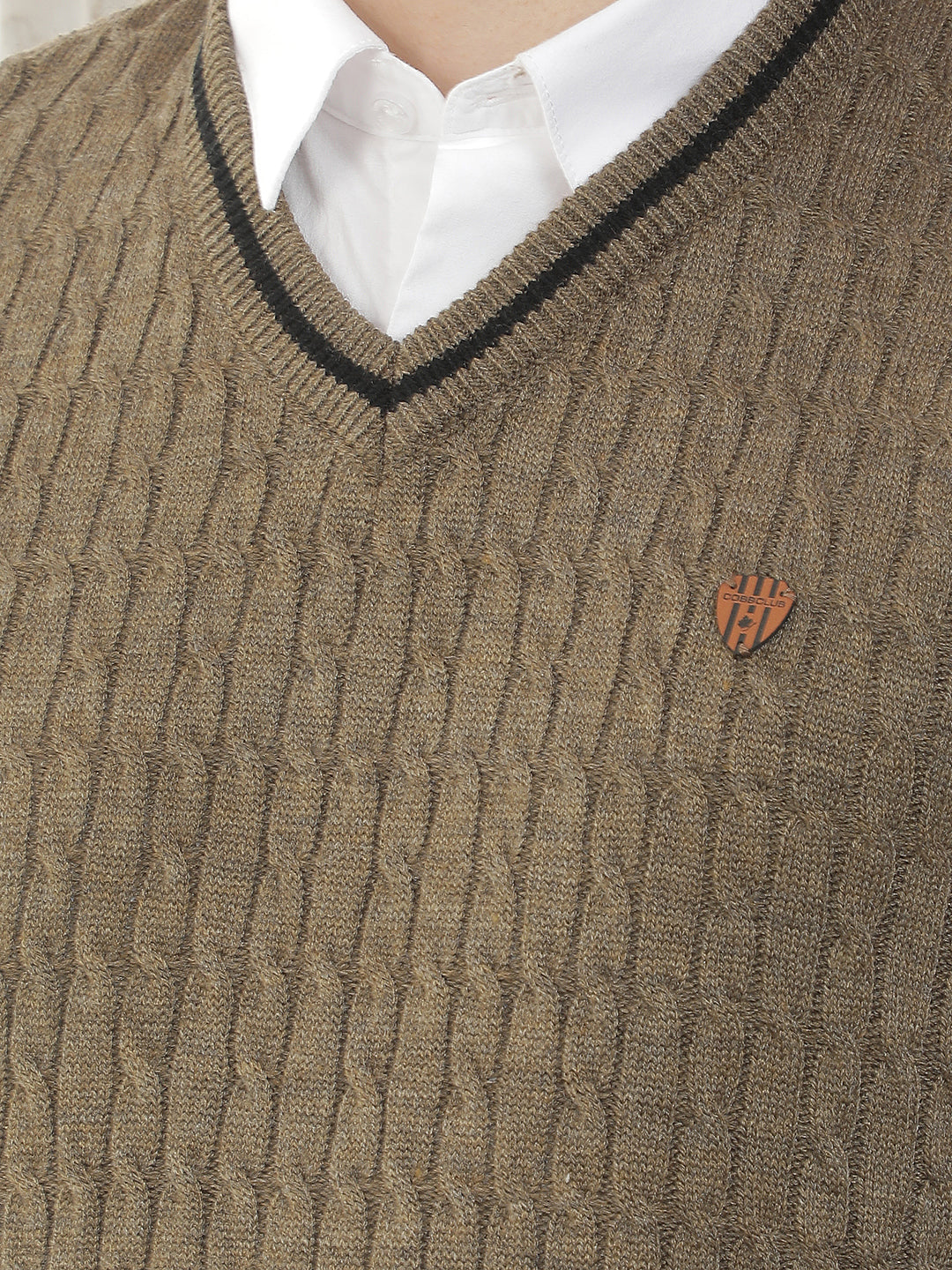 brown sleeveless v-neck sweater