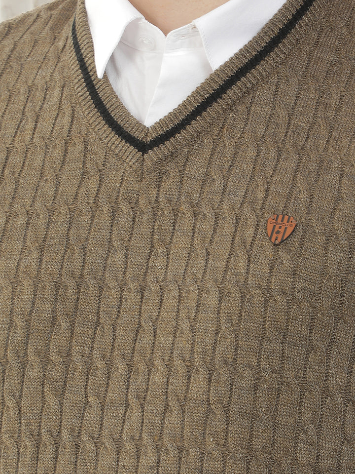brown sleeveless v-neck sweater