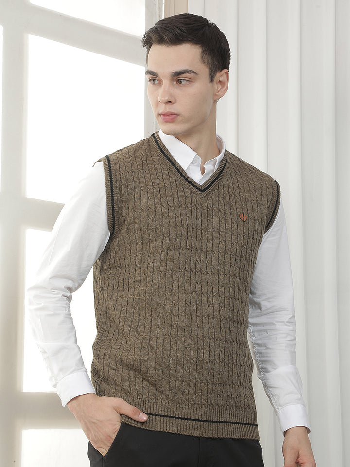BROWN SLEEVELESS V-NECK SWEATER