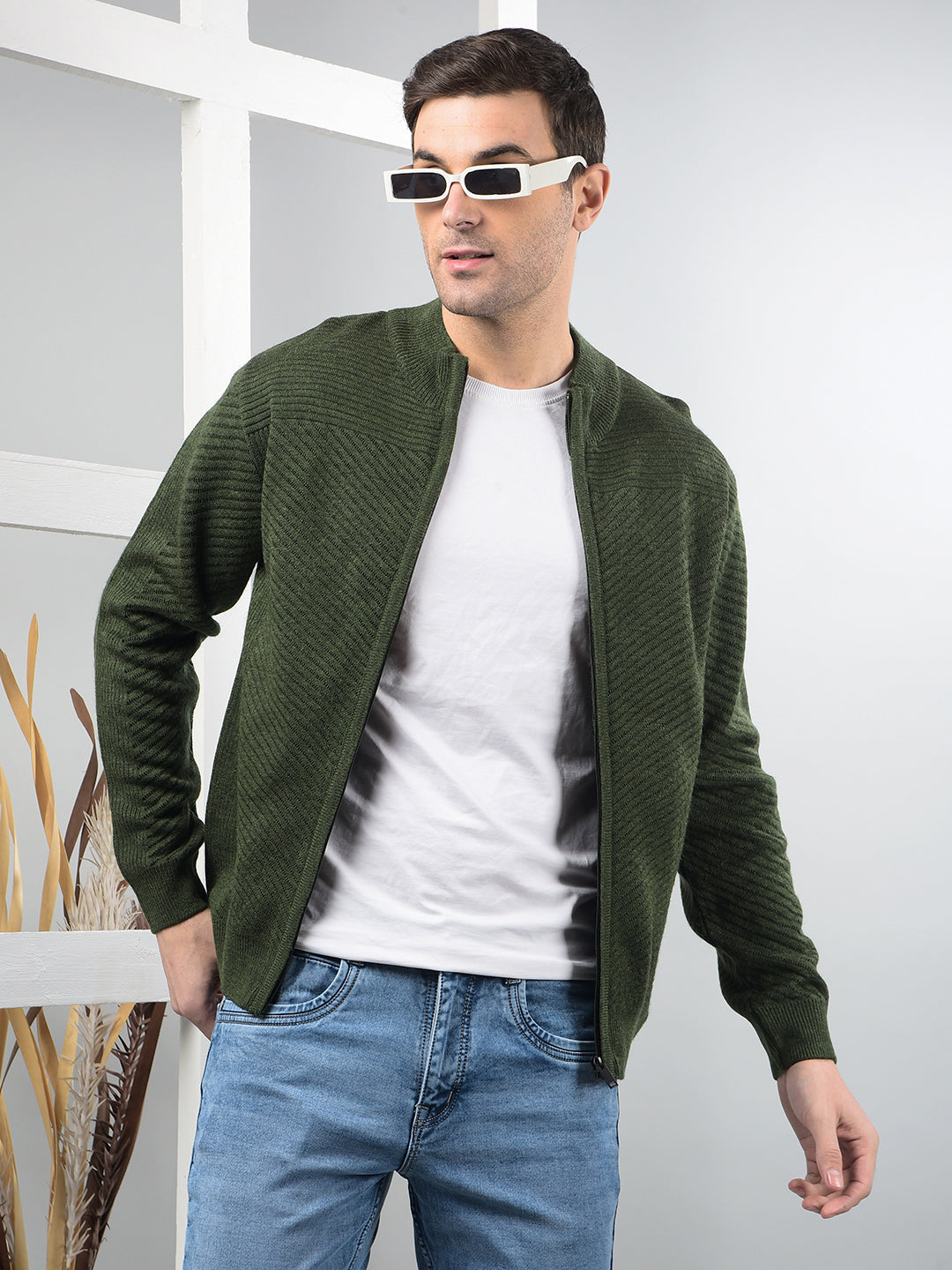 cobb green self-design zip-up sweater