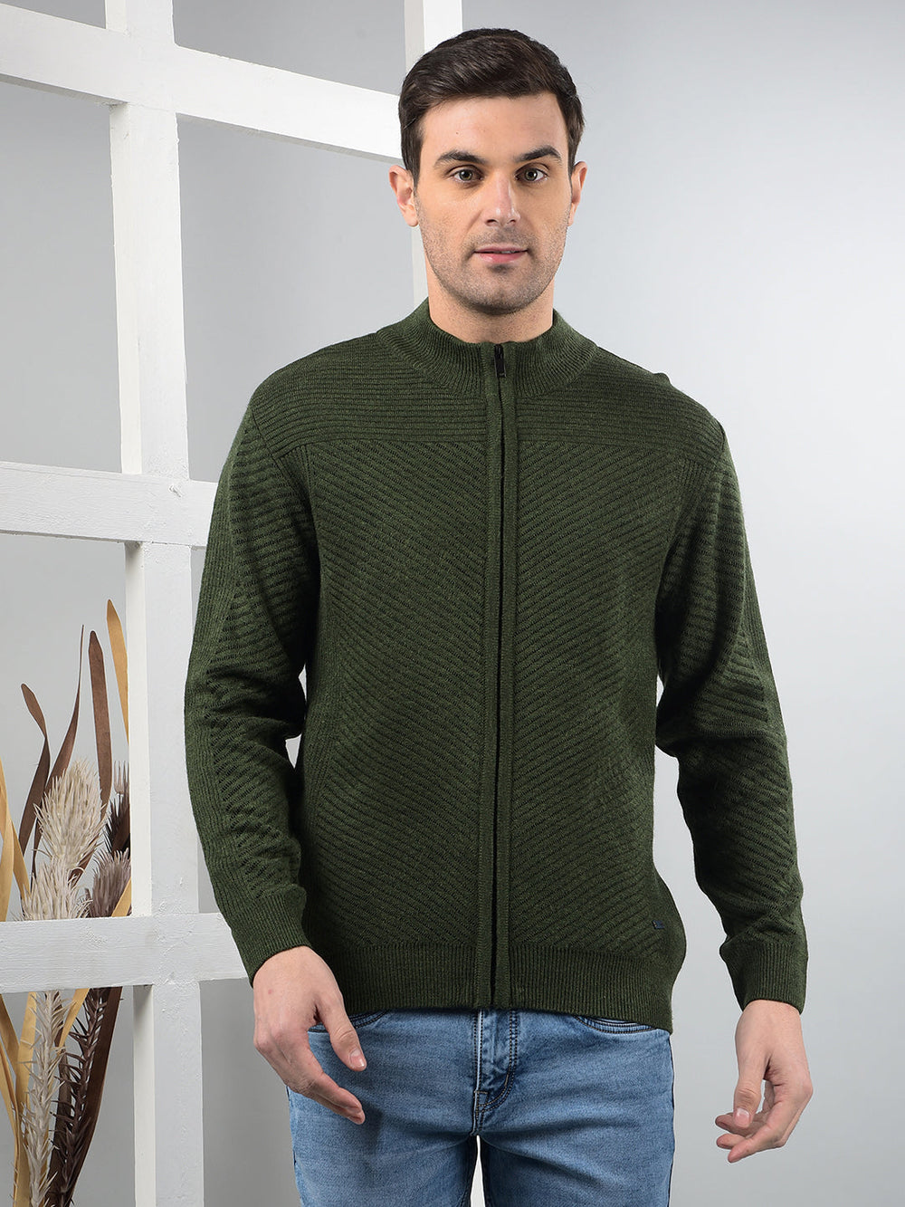 cobb green self-design zip-up sweater