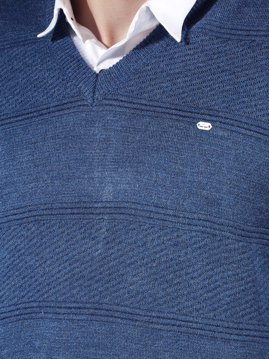 COBB BLUE SELF-DESIGN V-NECK SWEATER