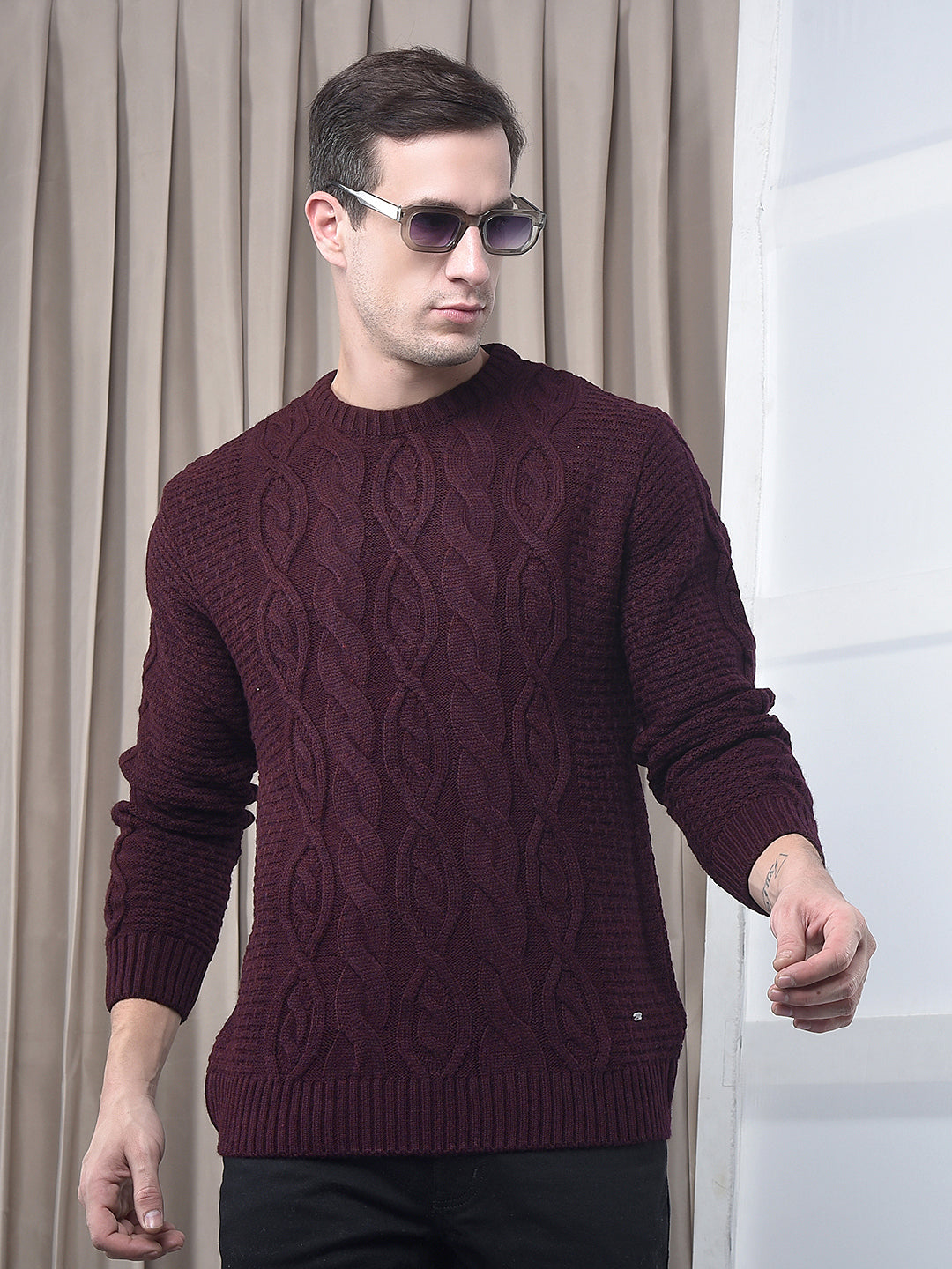 cobb maroon self-design round neck sweater