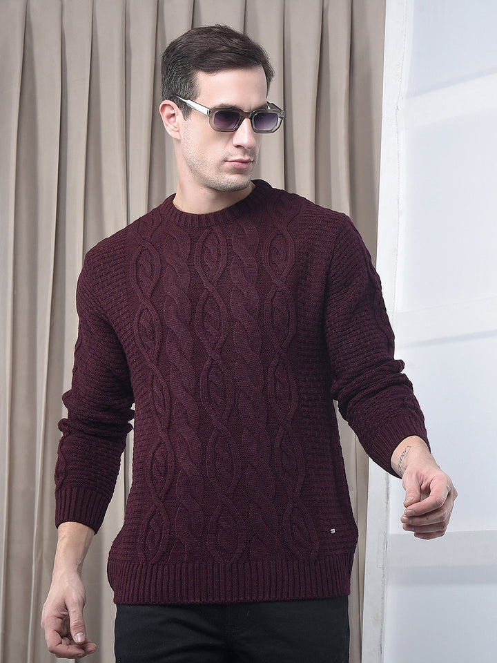 cobb maroon self-design round neck sweater