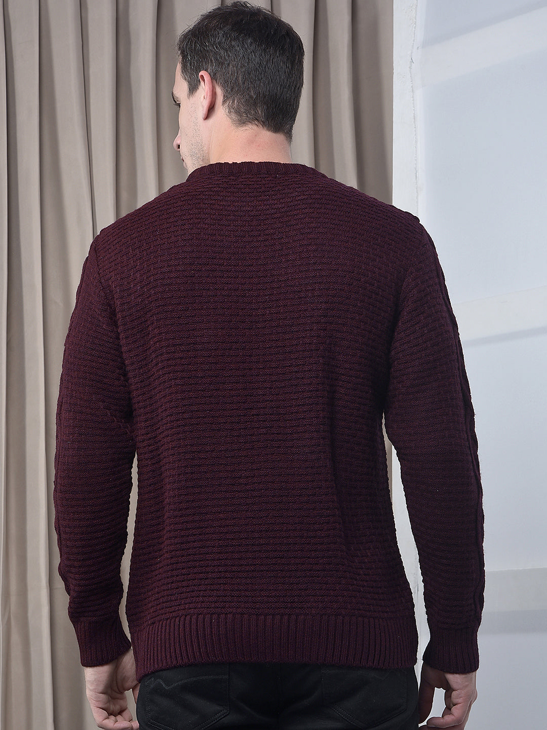 cobb maroon self-design round neck sweater