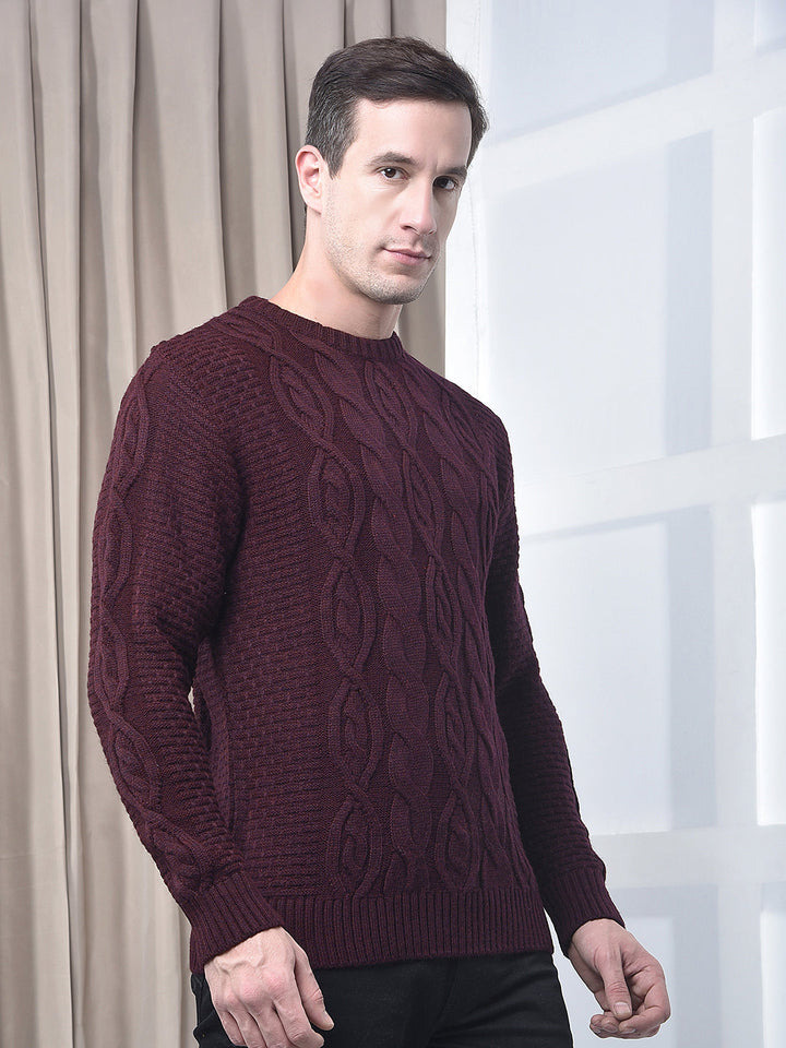 COBB MAROON SELF-DESIGN ROUND NECK SWEATER