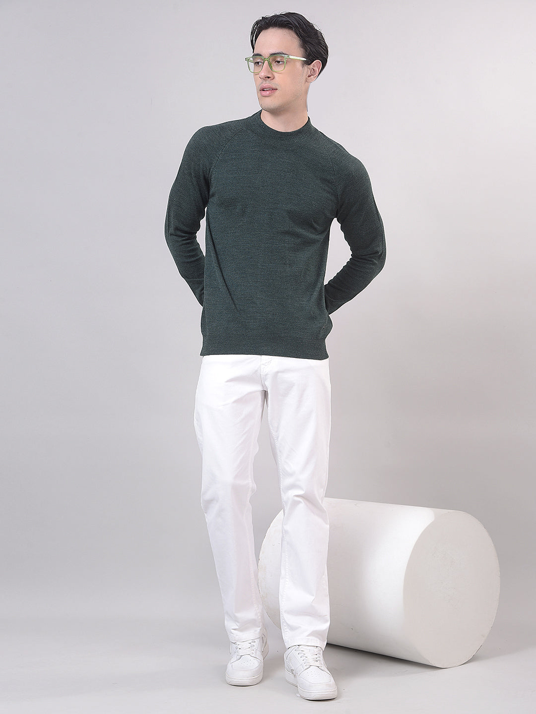 Bottle Green Solid Mock Neck Sweater