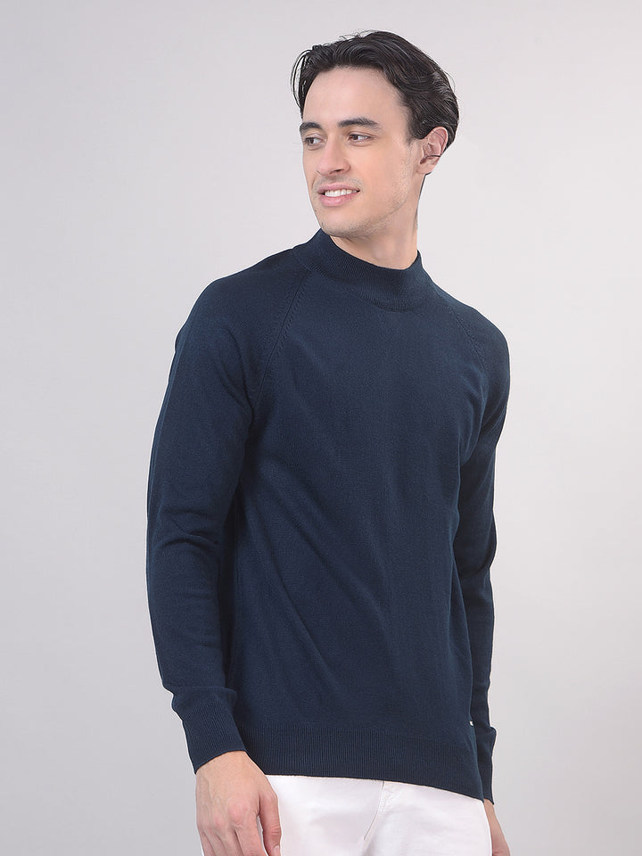 Navy Blue Solid Mock Neck Sweater