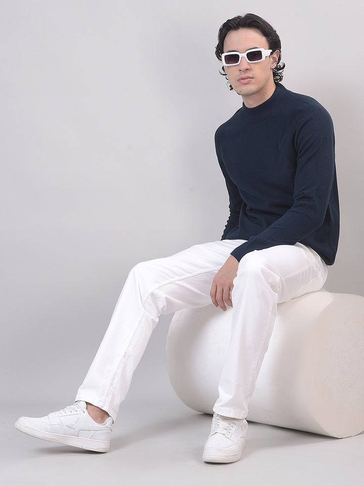 Navy Blue Solid Mock Neck Sweater