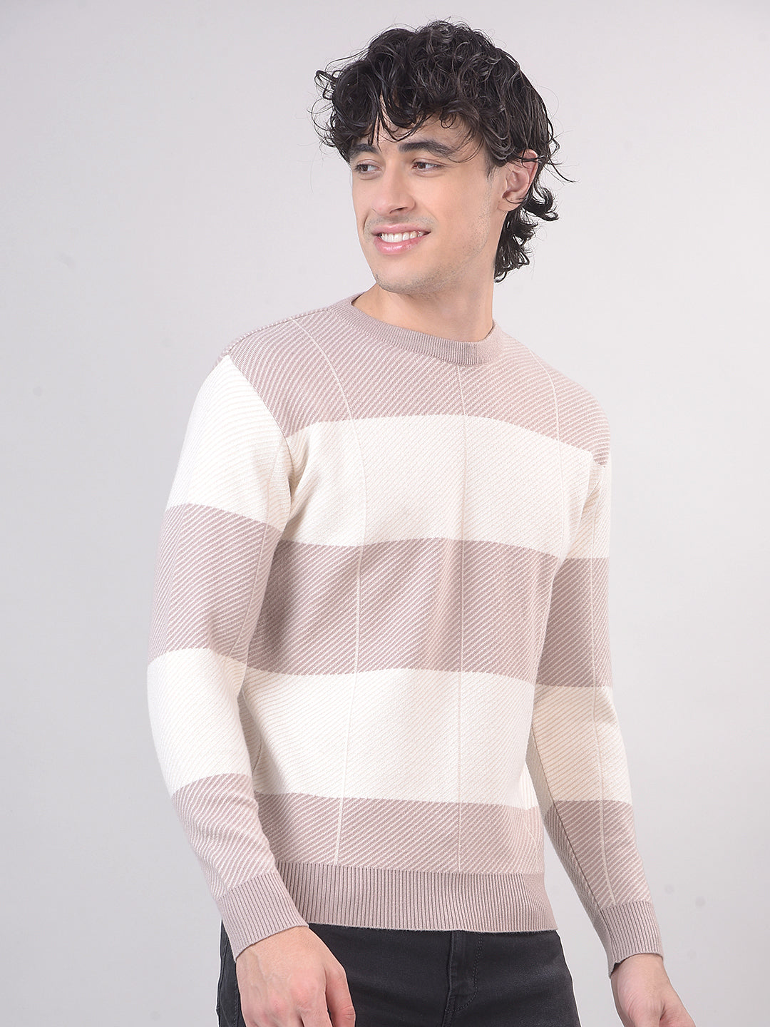 Cream Color-Block Round Sweater