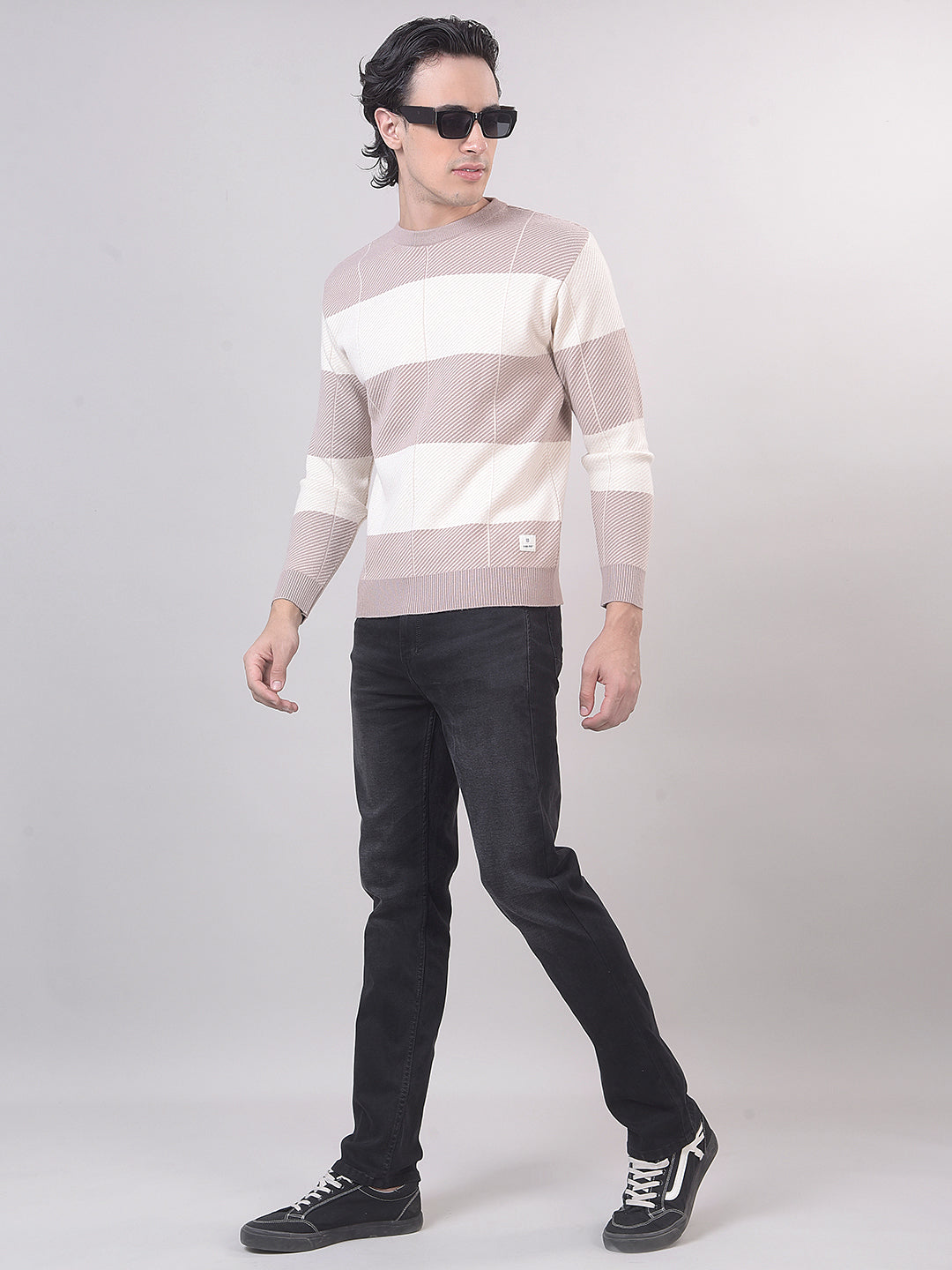 Cream Color-Block Round Sweater