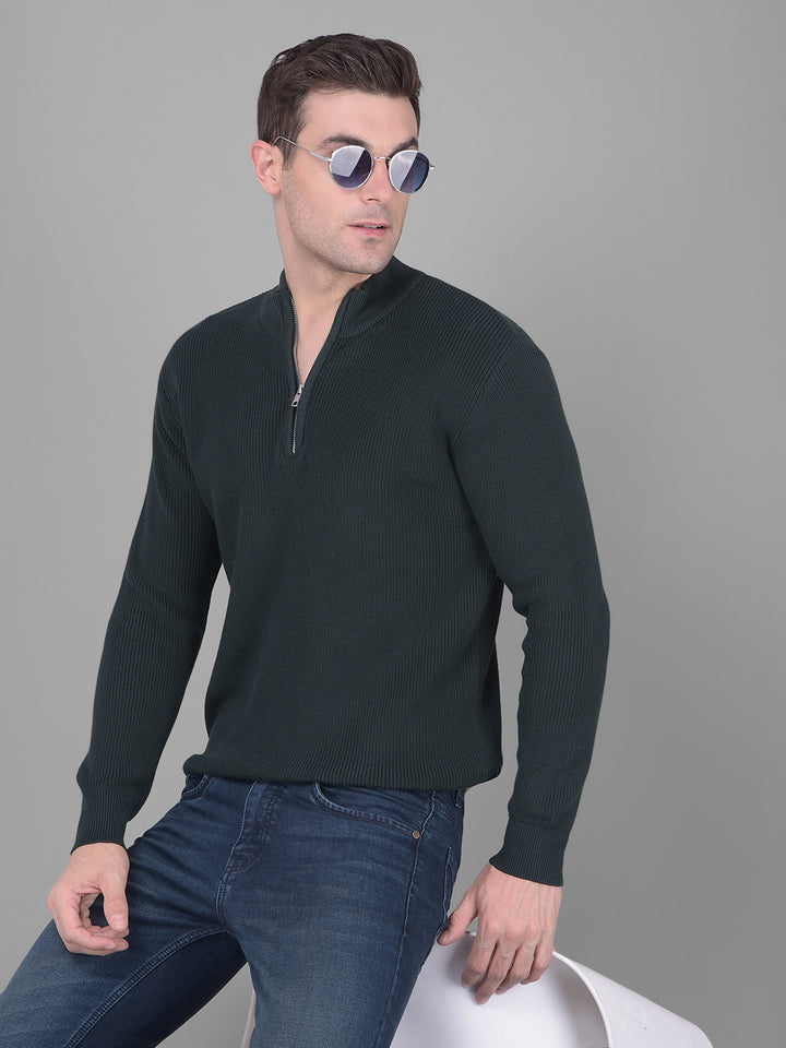 COBB SOLID DARK GREEN HIGH NECK ZIPPER SWEATER