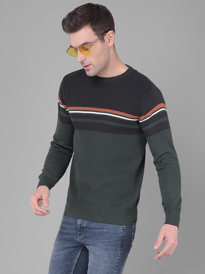 COBB GREEN STRIPED ROUND NECK SWEATER