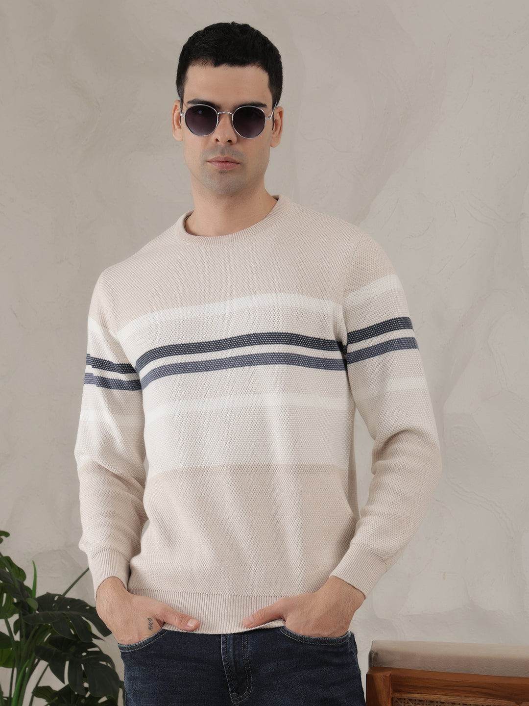 cobb fawn striped round neck sweater