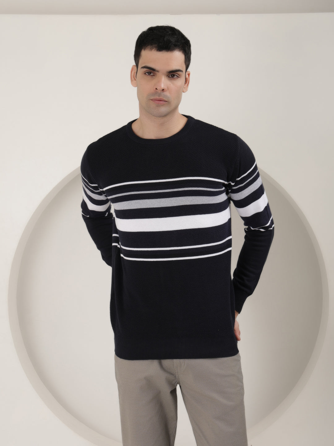 cobb navy blue striped round neck sweater