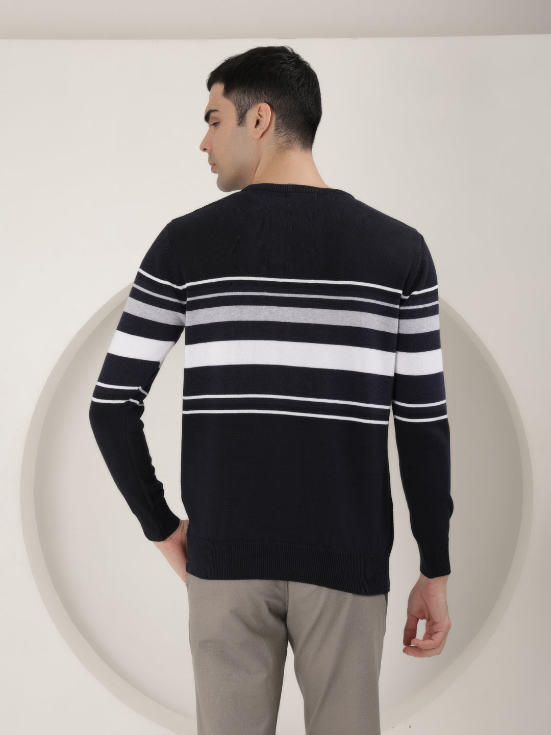 cobb navy blue striped round neck sweater