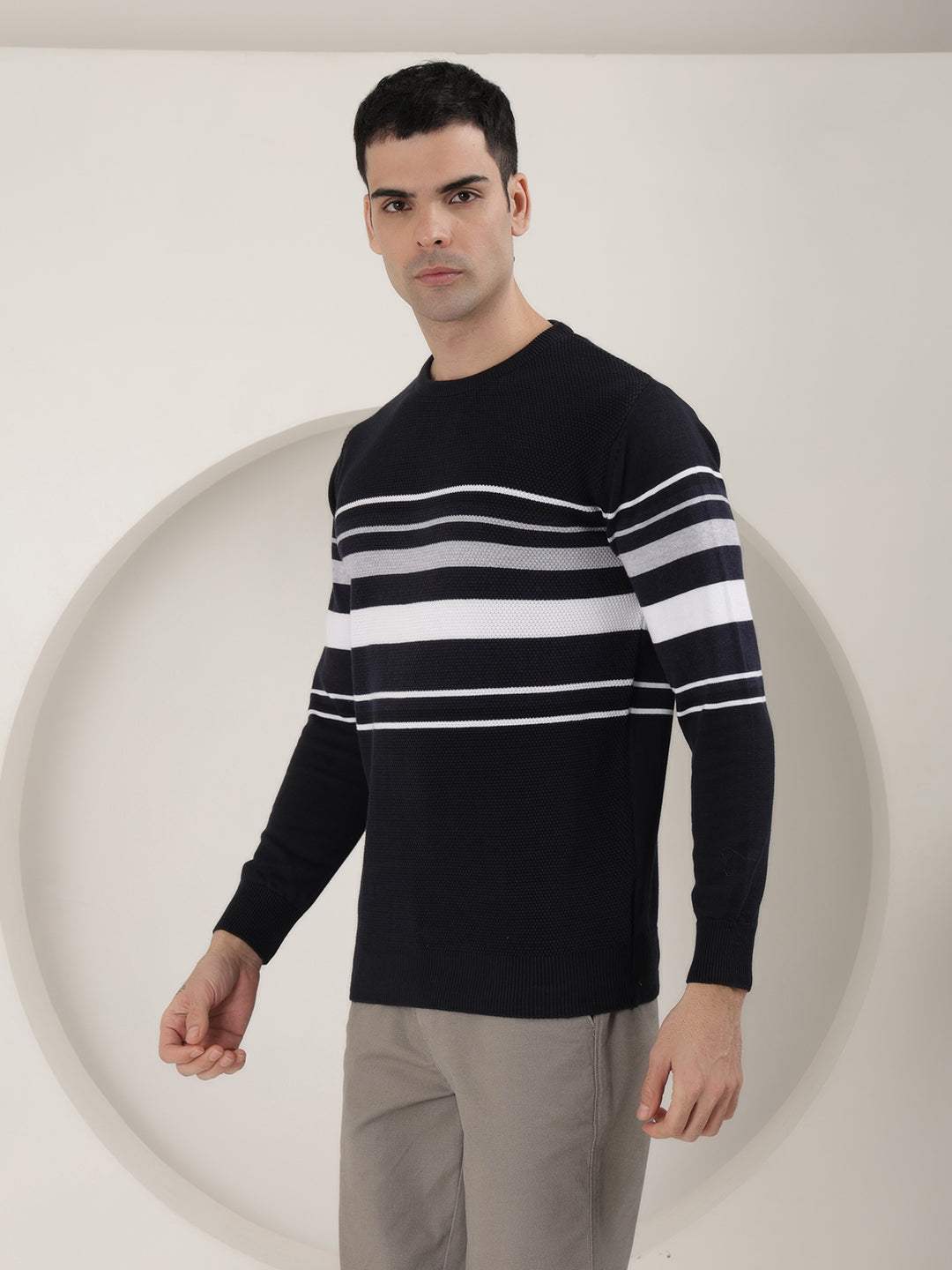 COBB NAVY BLUE STRIPED ROUND NECK SWEATER