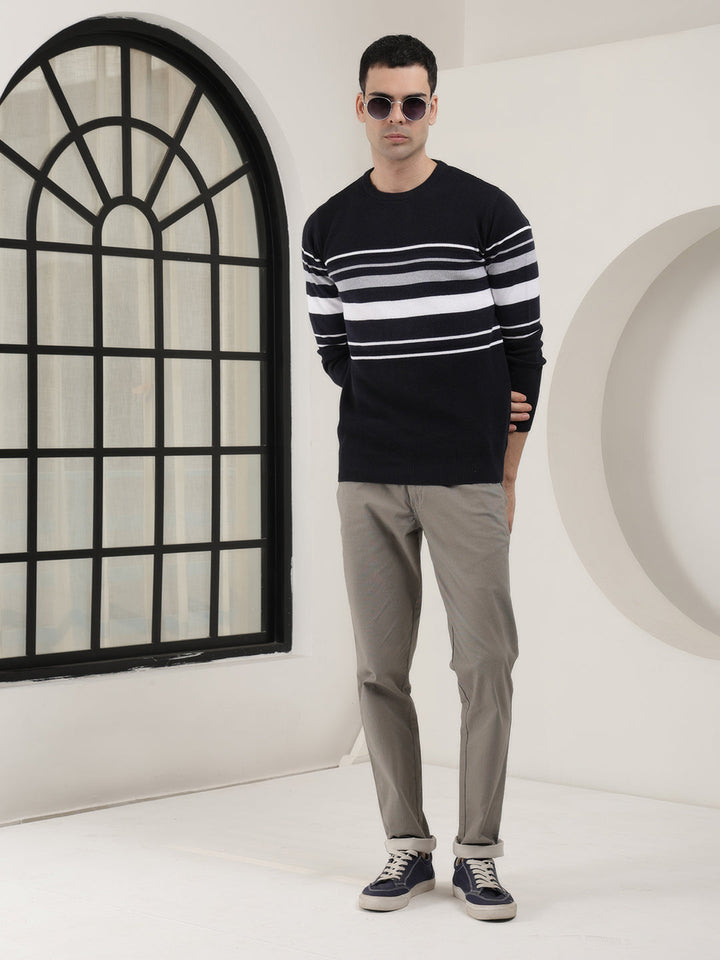 COBB NAVY BLUE STRIPED ROUND NECK SWEATER