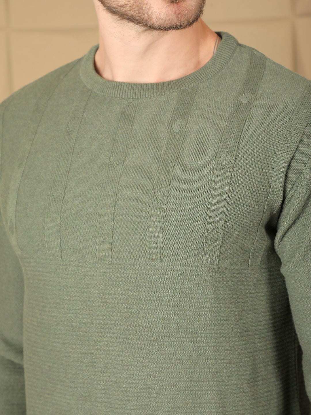 cobb dark green self-design round neck sweater