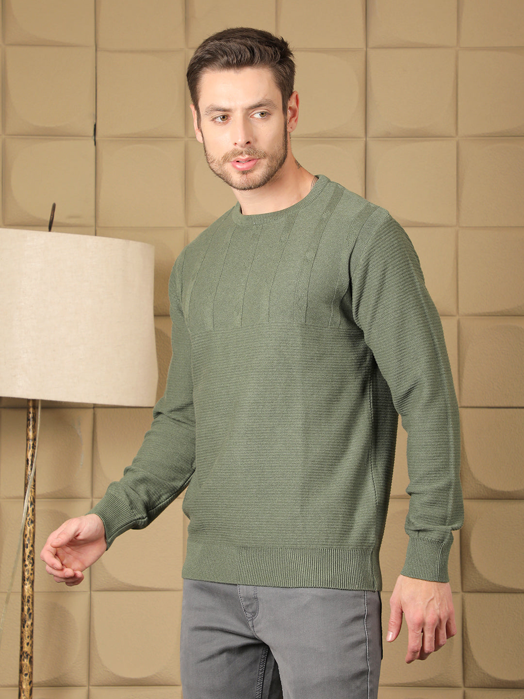 COBB DARK GREEN SELF-DESIGN ROUND NECK SWEATER