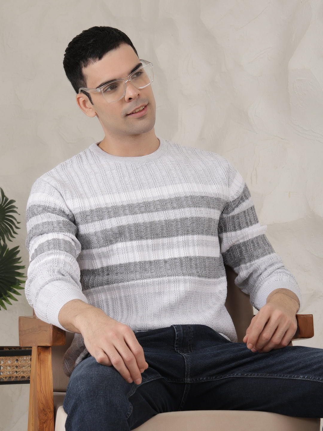 cobb light grey striped round neck sweater