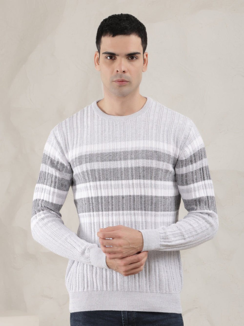 cobb light grey striped round neck sweater