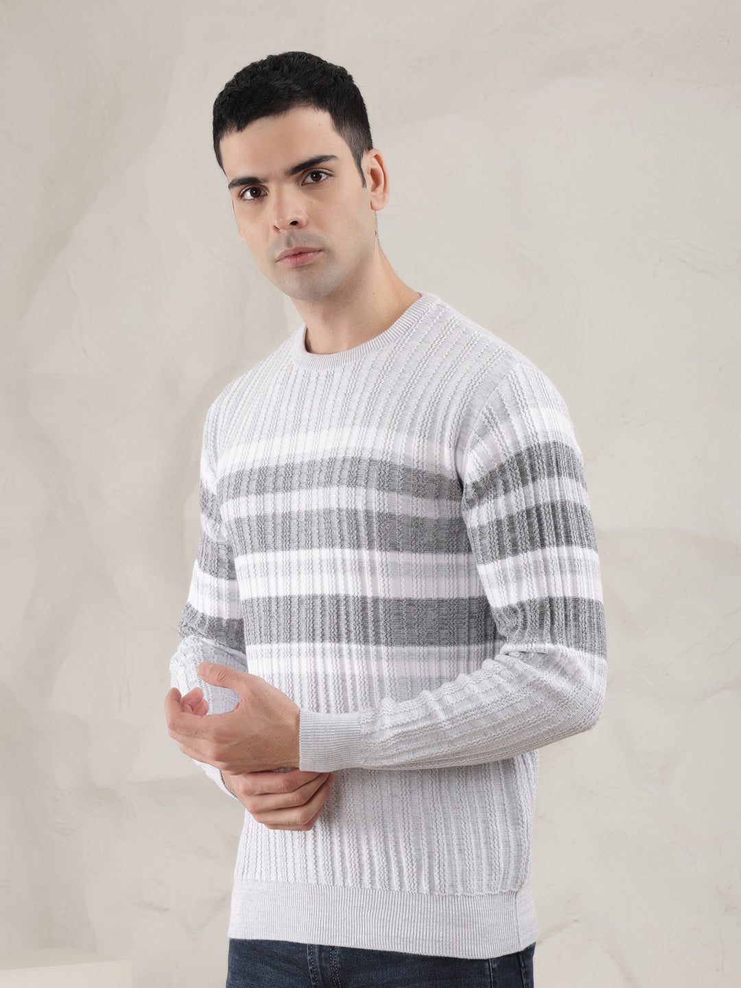 COBB LIGHT GREY STRIPED ROUND NECK SWEATER