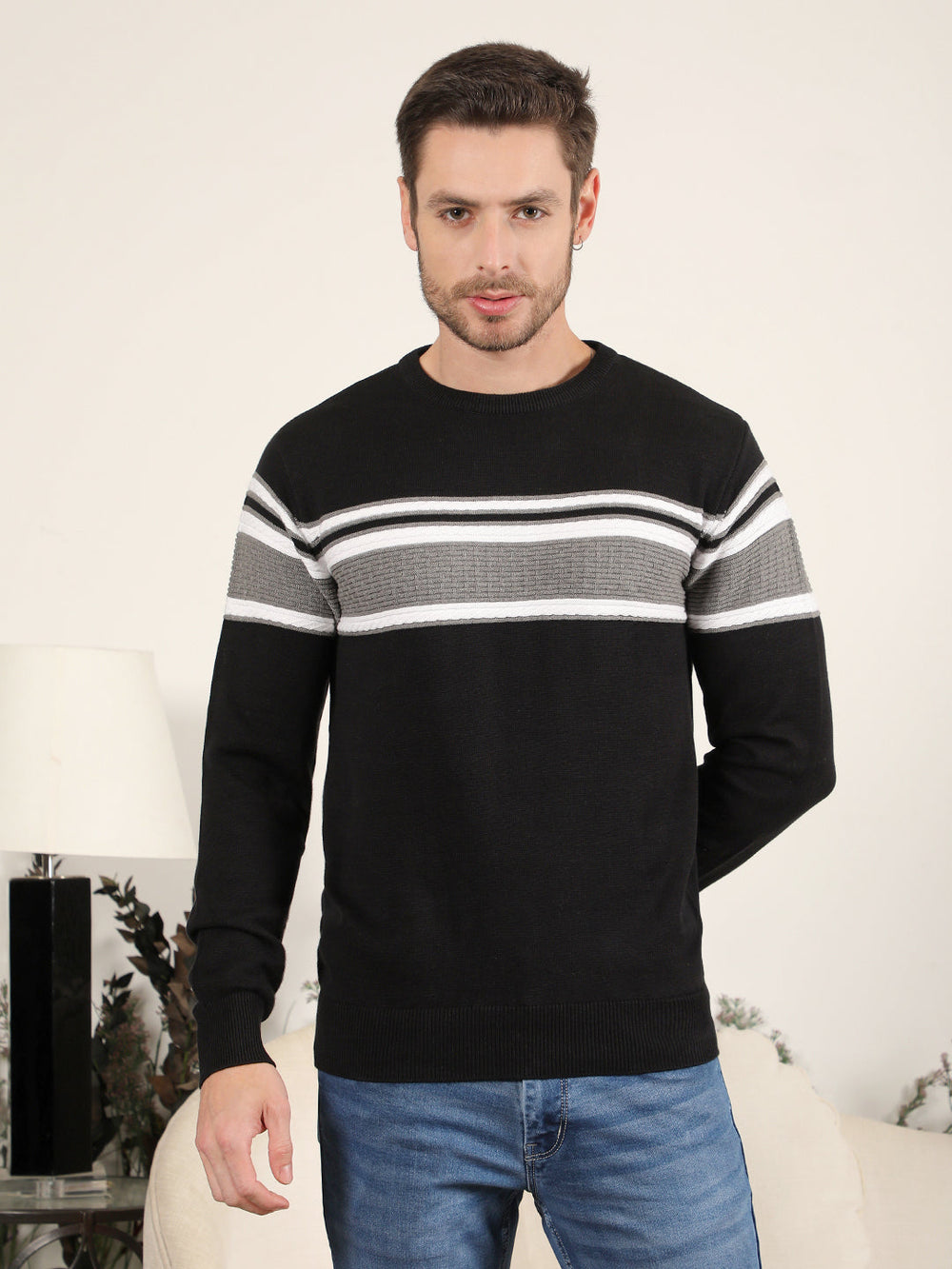 cobb black striped round neck sweater