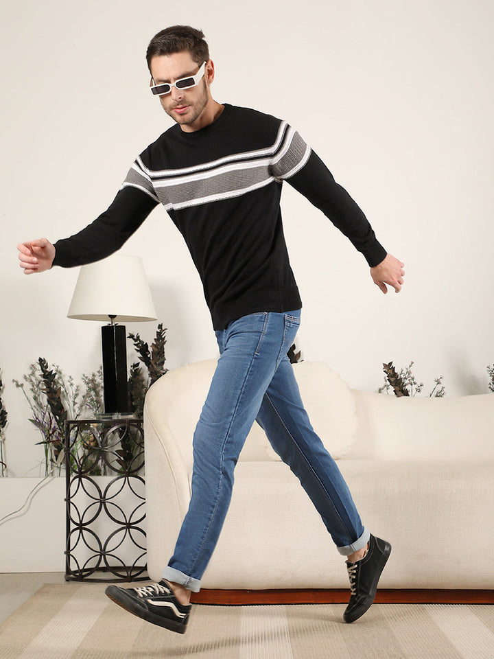 COBB BLACK STRIPED ROUND NECK SWEATER