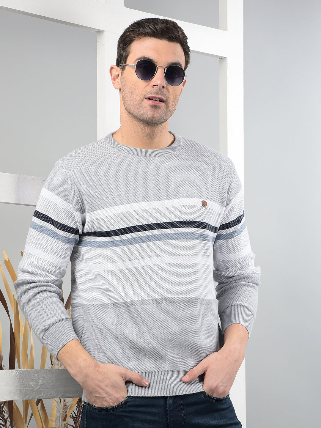 cobb light grey self-design round neck sweater