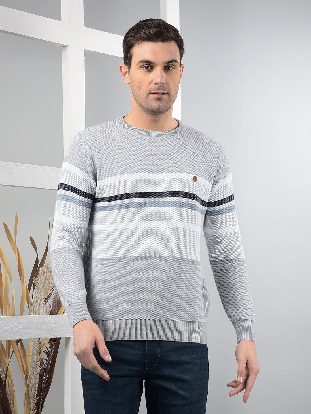 cobb light grey self-design round neck sweater