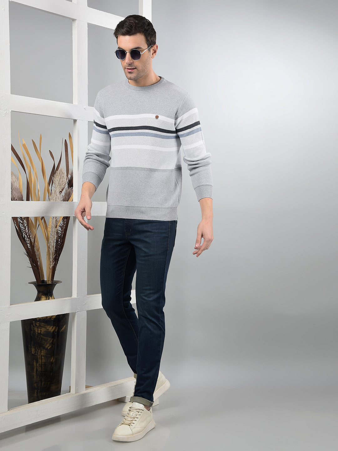 COBB LIGHT GREY SELF-DESIGN ROUND NECK SWEATER