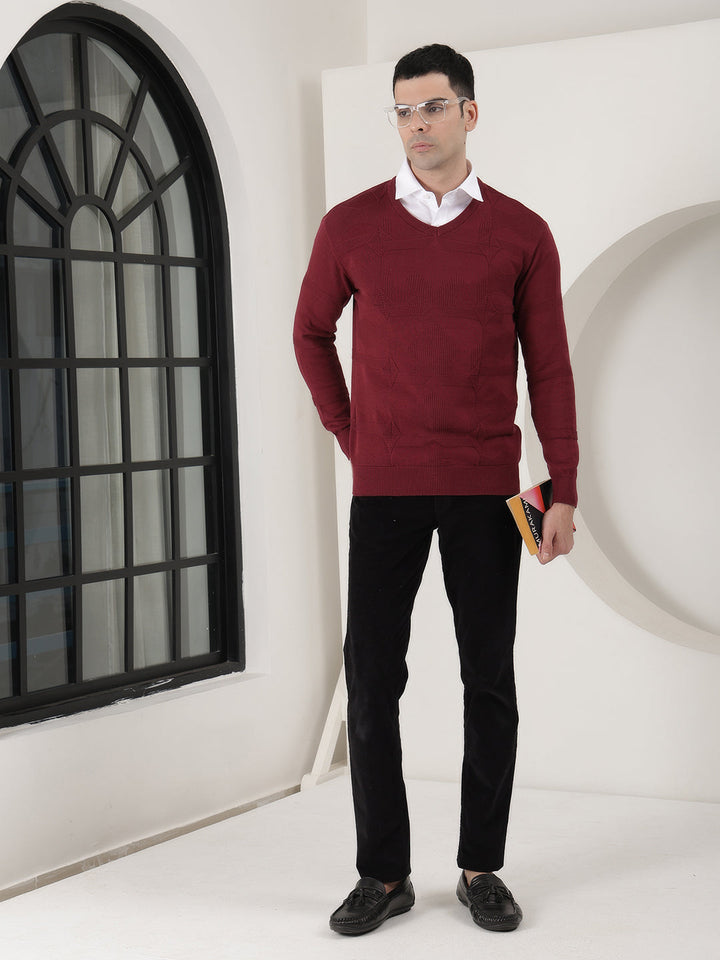 COBB WINE SELF-DESIGN V-NECK SWEATER