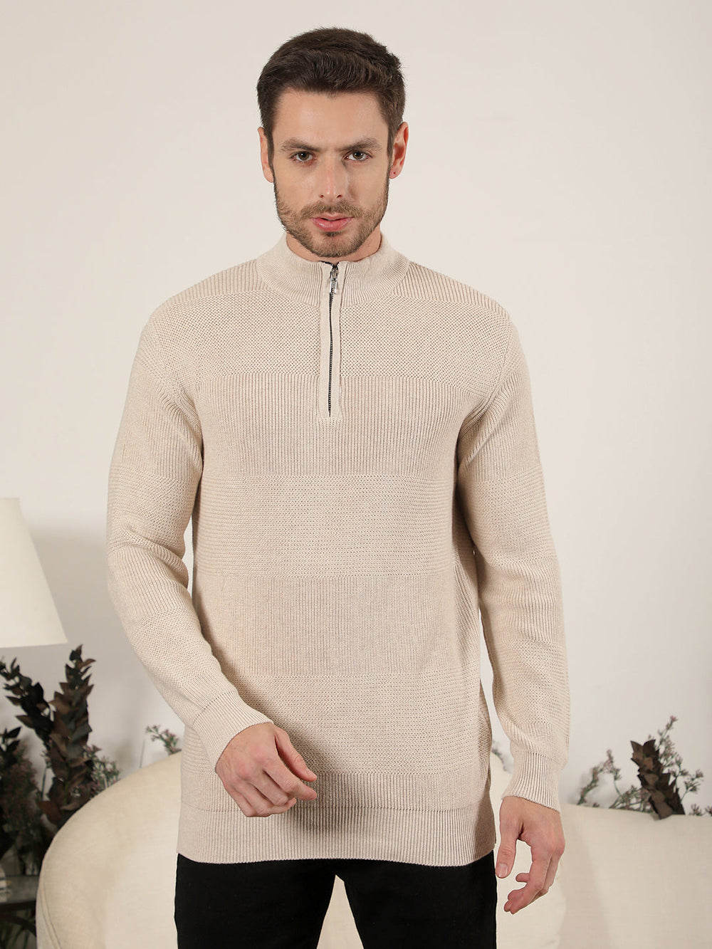 cobb beige self-design round neck half-zipper sweater