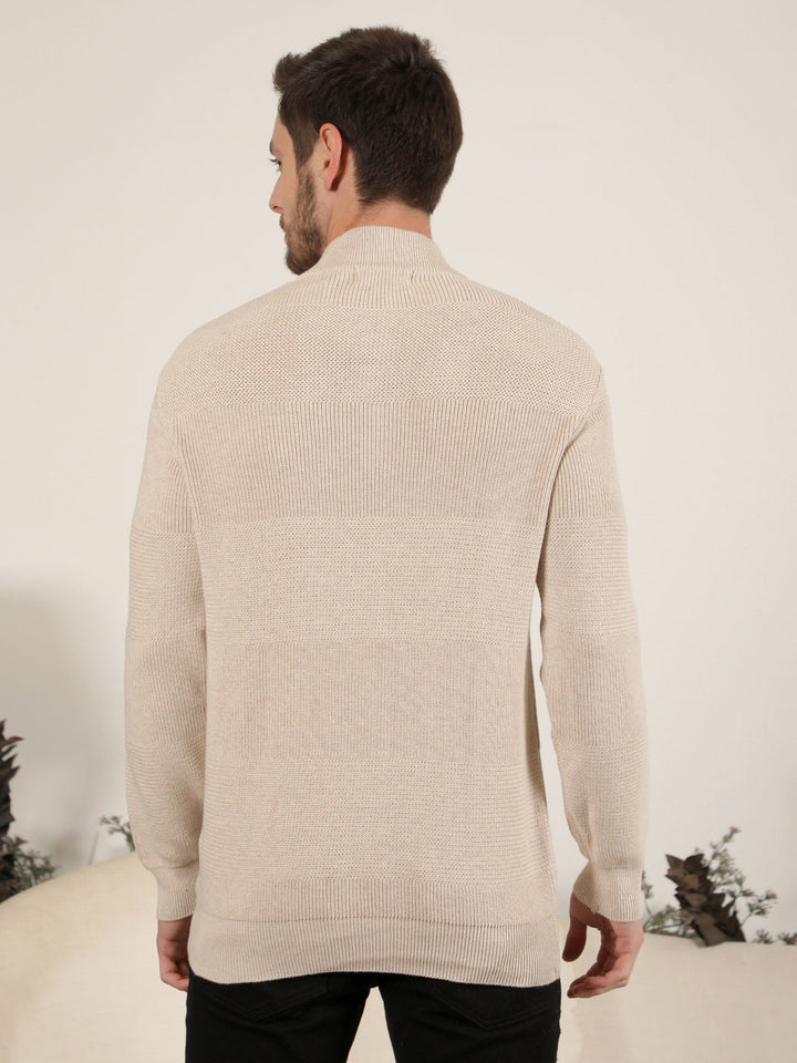 cobb beige self-design round neck half-zipper sweater